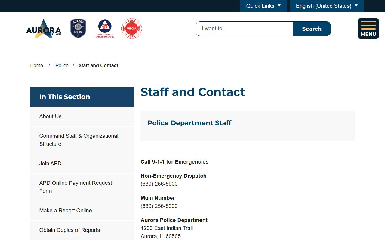 Aurora Police Department staff and contact page for felony records requests
