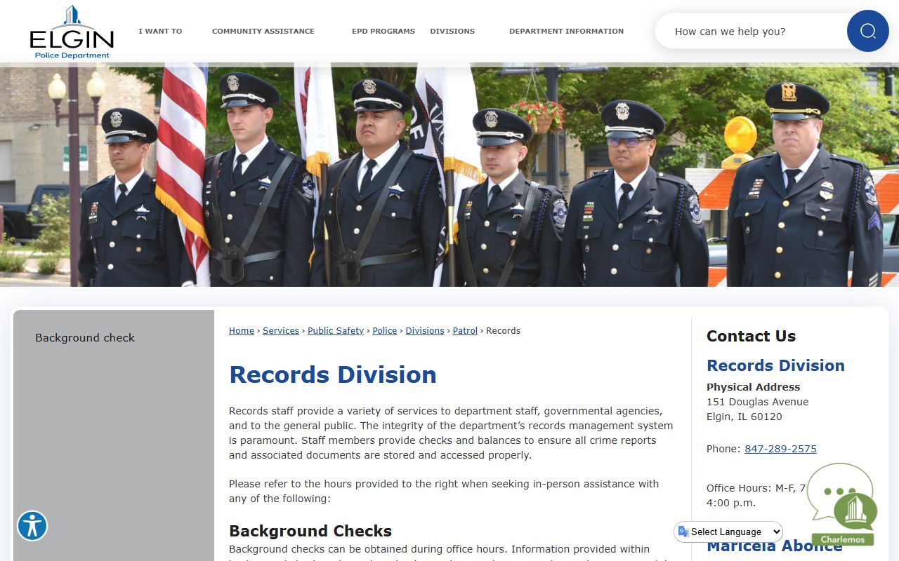 Elgin Police Department records division page for felony record requests
