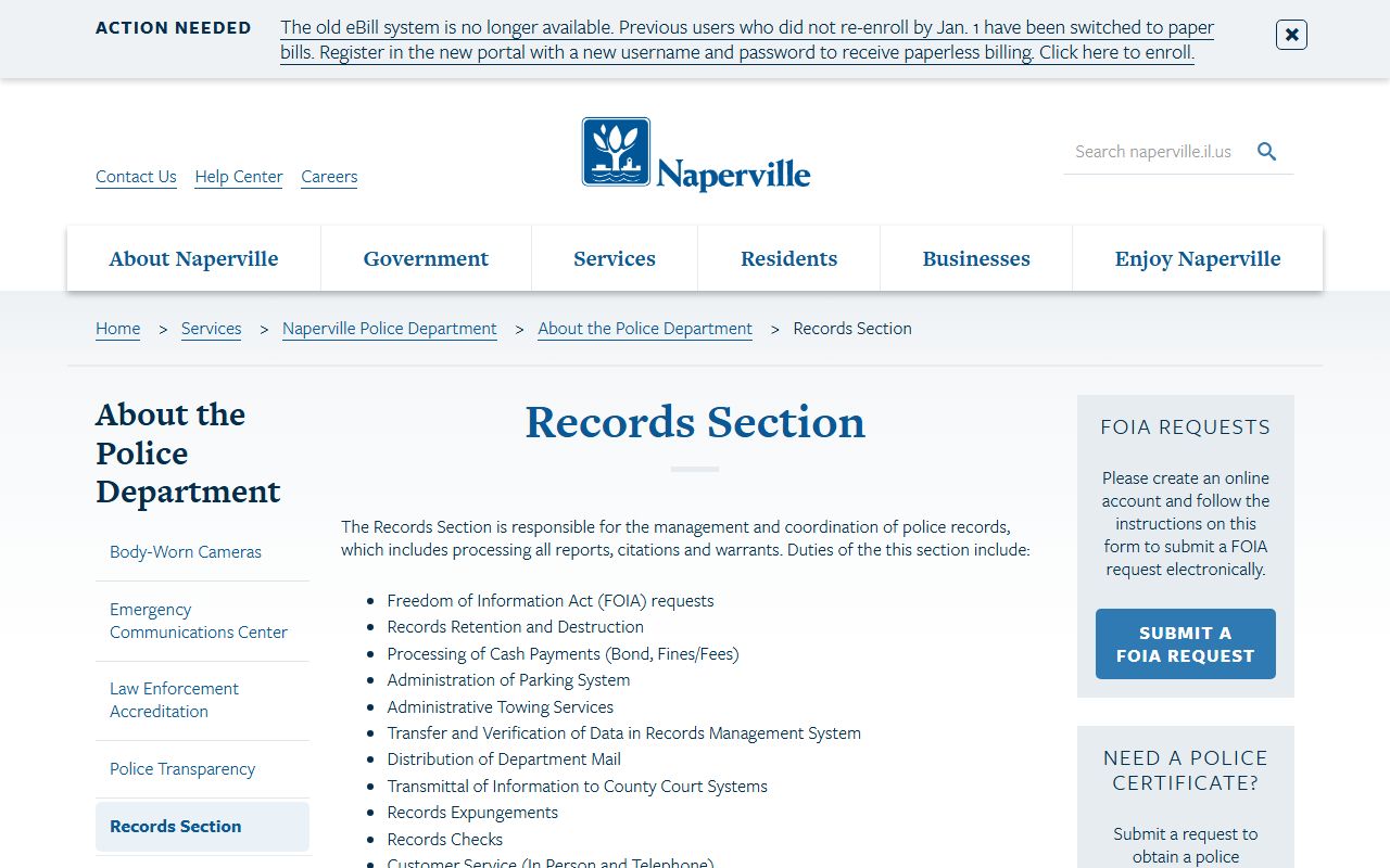 Naperville Police Department records section page for felony record requests