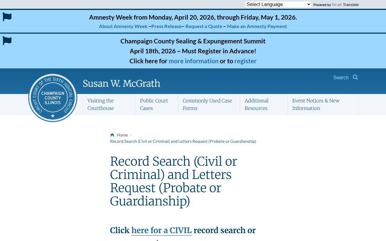 Champaign County record search request page for felony cases