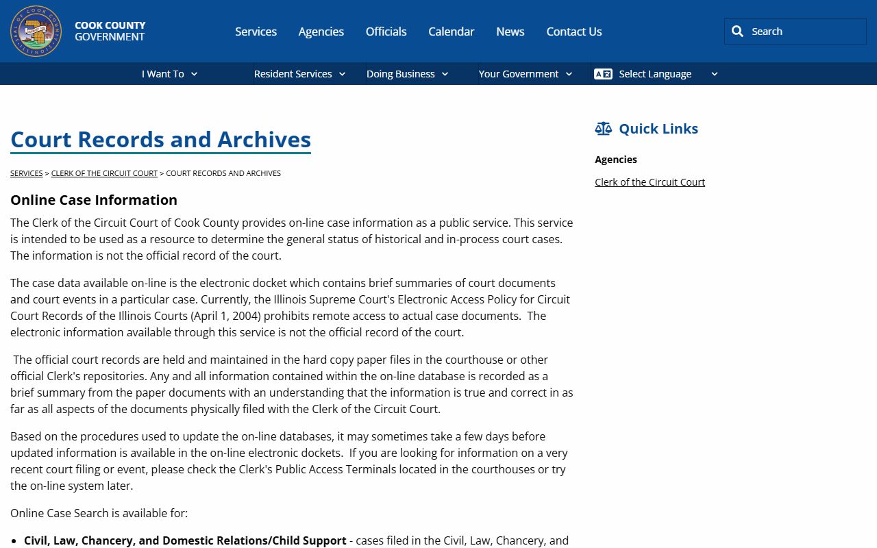 Cook County court records and archives information for felony cases