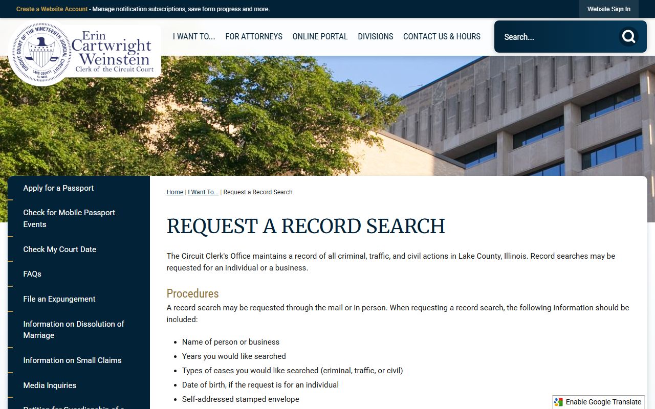 Lake County record search request page for felony cases