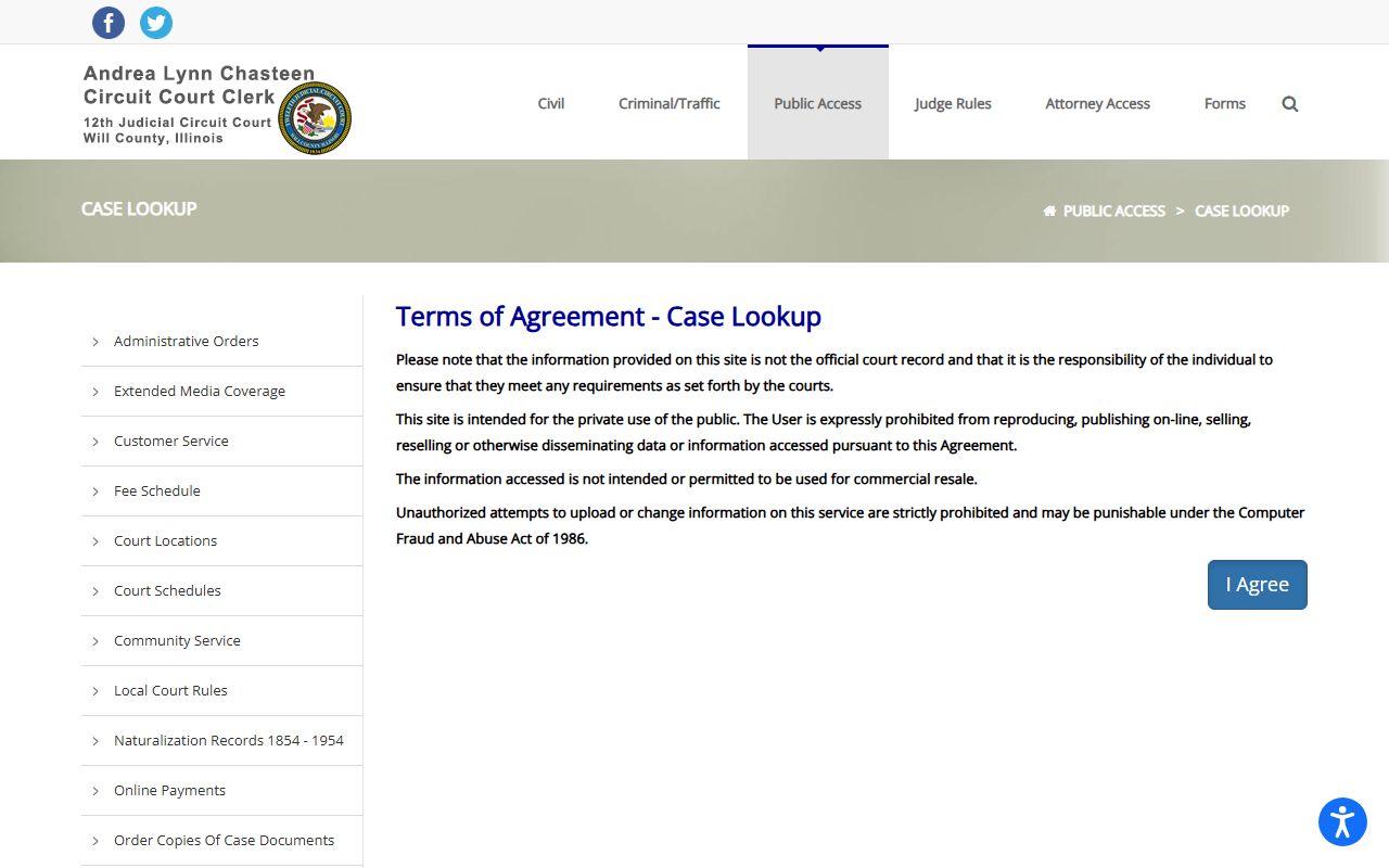 Will County case lookup page for felony records search