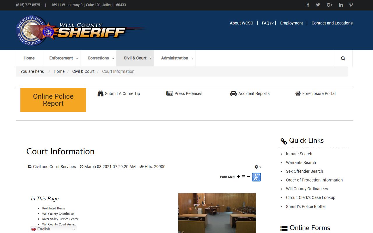 Will County Sheriff court information for felony cases