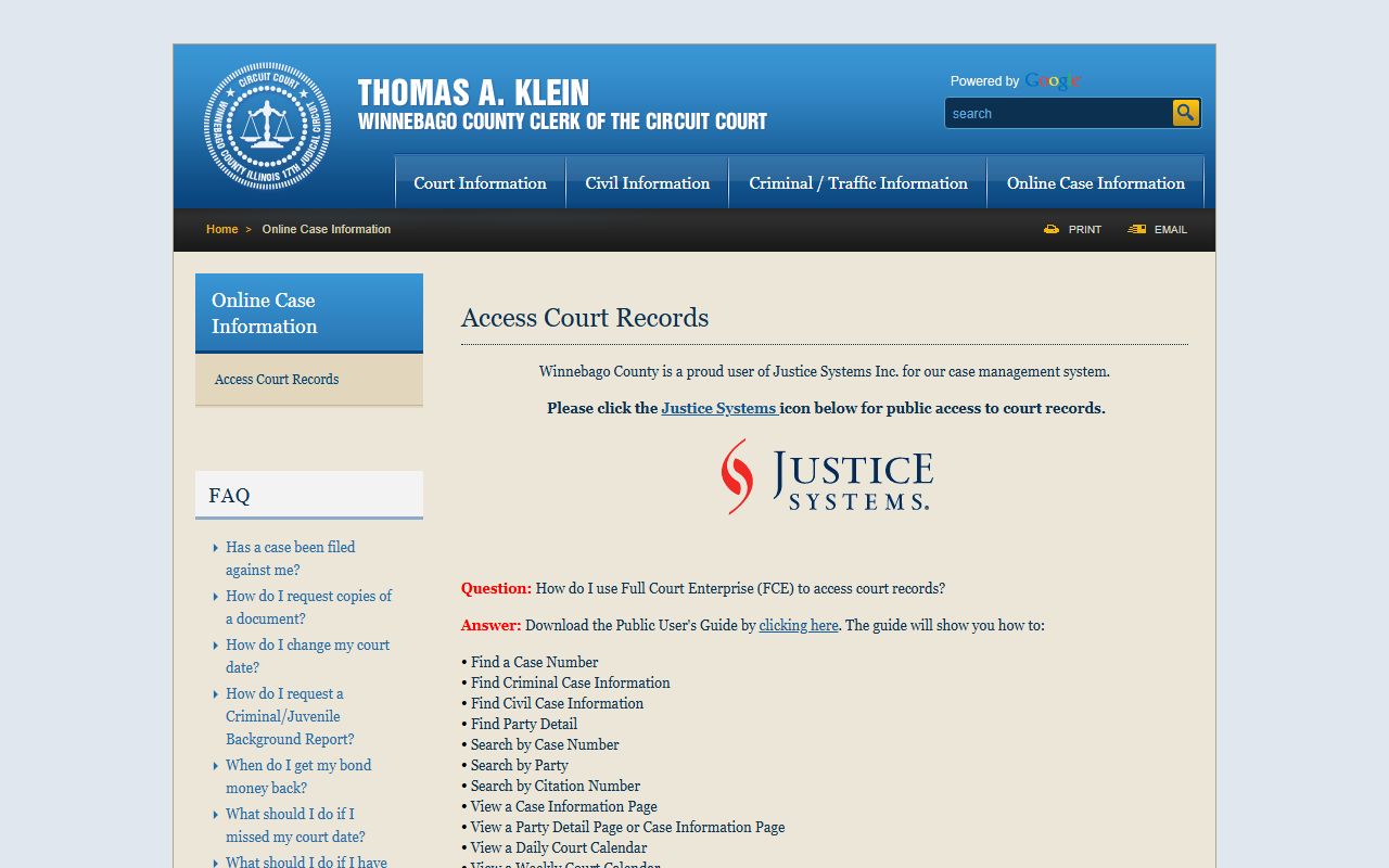 Winnebago County access court records page for felony cases