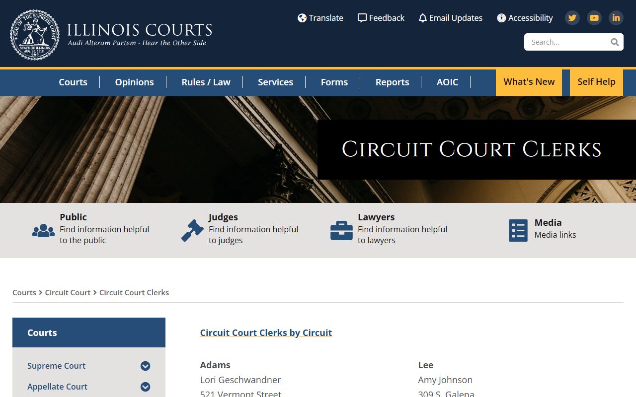 Illinois Courts directory of all county circuit clerks for felony records