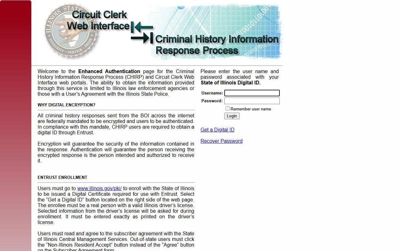 CHIRP portal login page for Illinois felony record inquiries