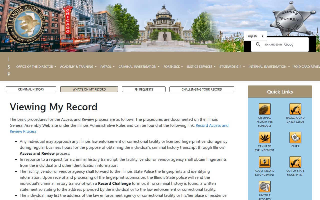 ISP Access and Review information page for Illinois felony records