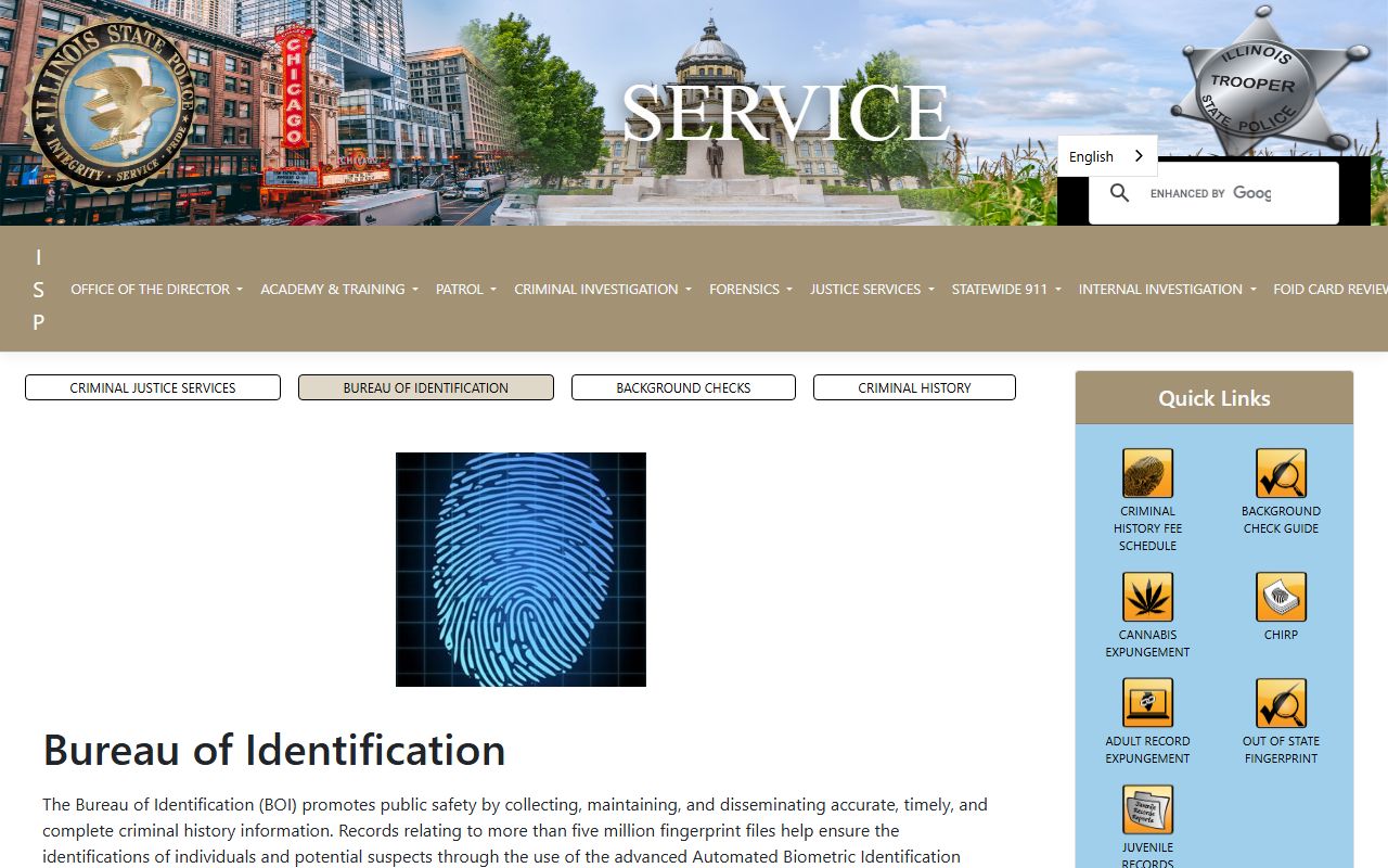 Illinois State Police Bureau of Identification homepage for felony records