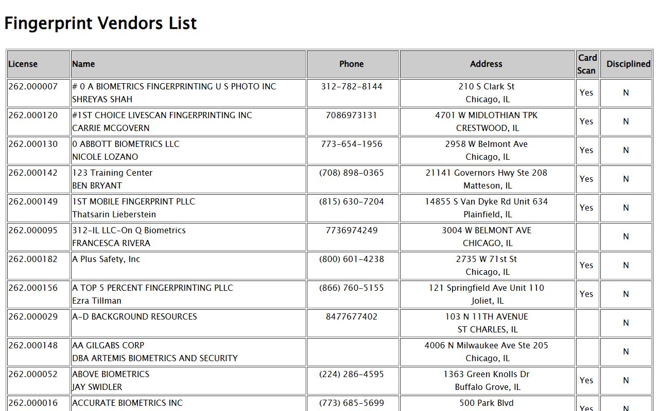 Live Scan vendor locator for Illinois felony record access and review